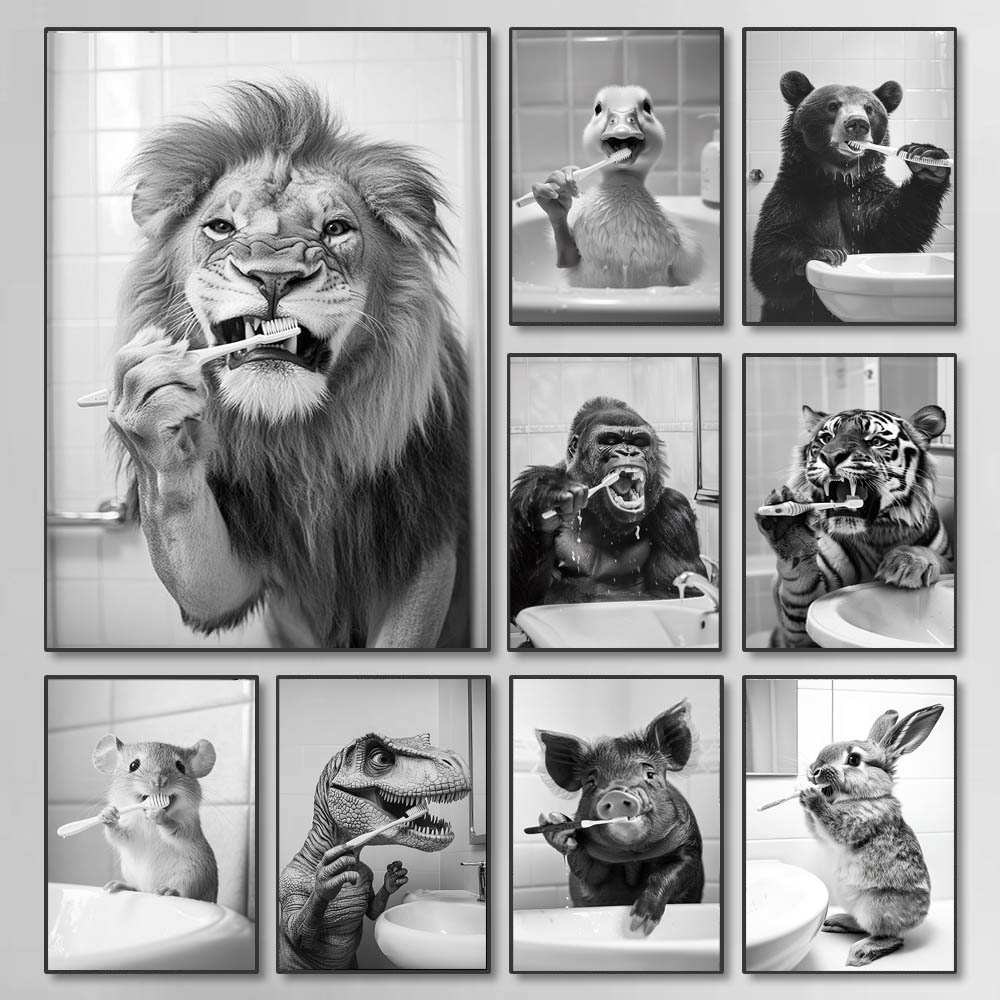 Photography Techniques - Black White Funny Bathroom Brushing Teeth